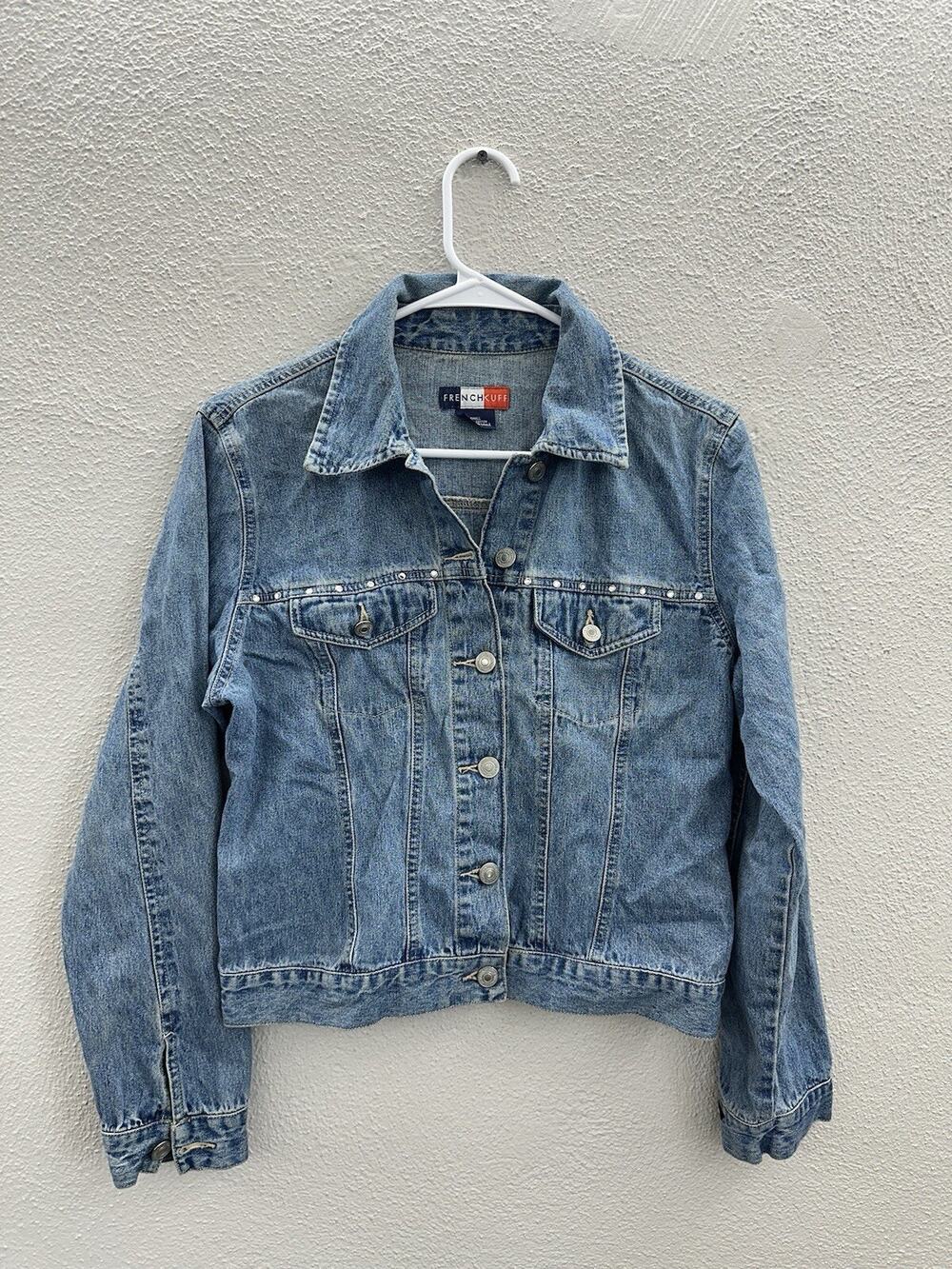 French Cuff Womens Jean Jacket Size Small Denim Button Up Gem Detail